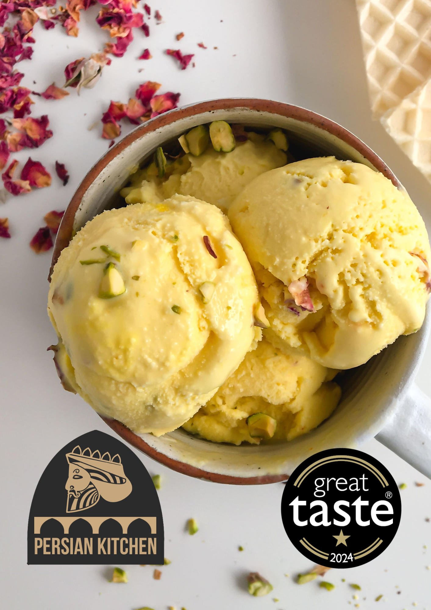 Bowl of saffron ice cream with rose petals and 'Persian Kitchen' logo, featuring a 'Great Taste 2024' award.