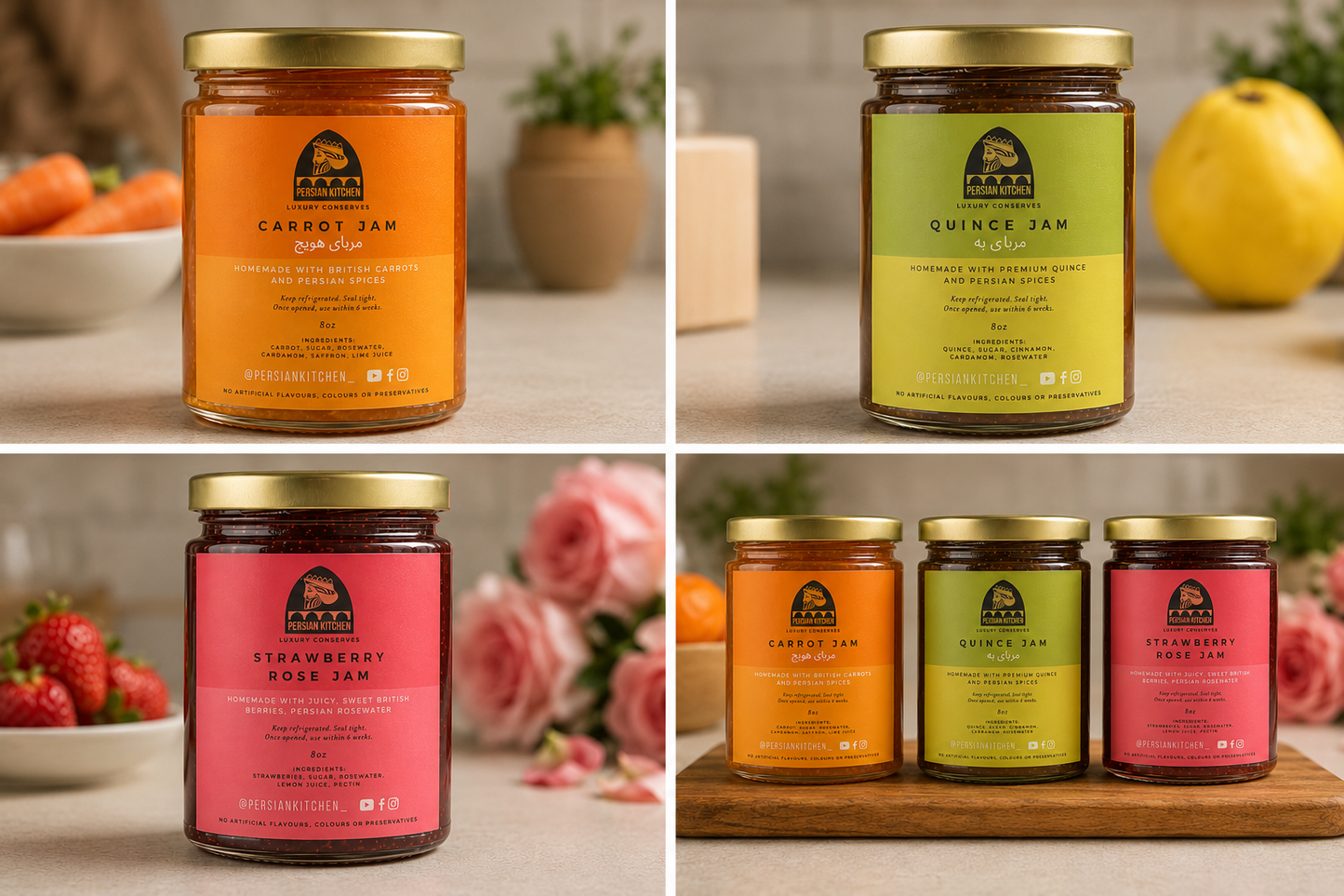 Collection of jam jars with colorful labels on a wooden surface.